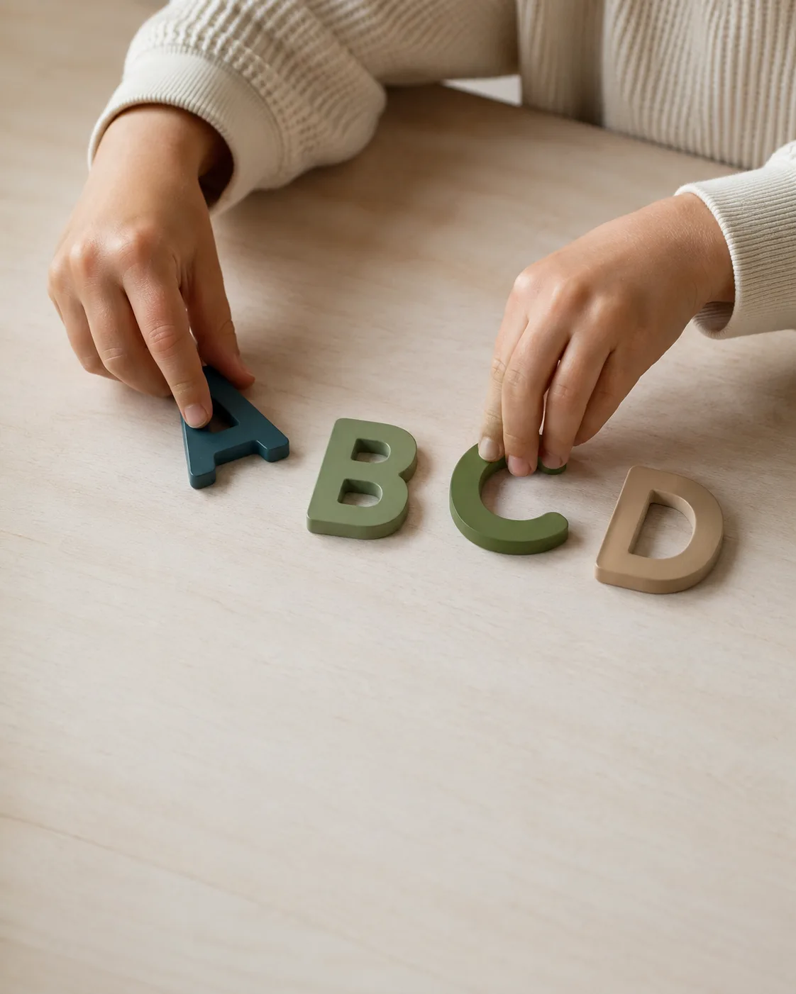 Mão infantil reposicionando letras móveis de madeira sobre mesa neutra, sequência A B C D
