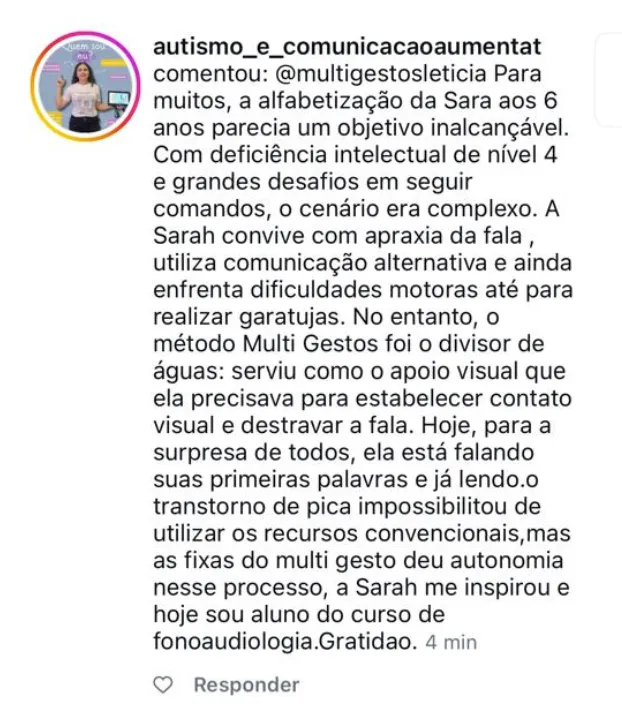 Depoimento @autismo_e_comunicacaoaumentat sobre Sara, 6 anos, com deficiência intelectual e apraxia: o método foi o divisor de águas, hoje ela está falando as primeiras palavras e já lendo
