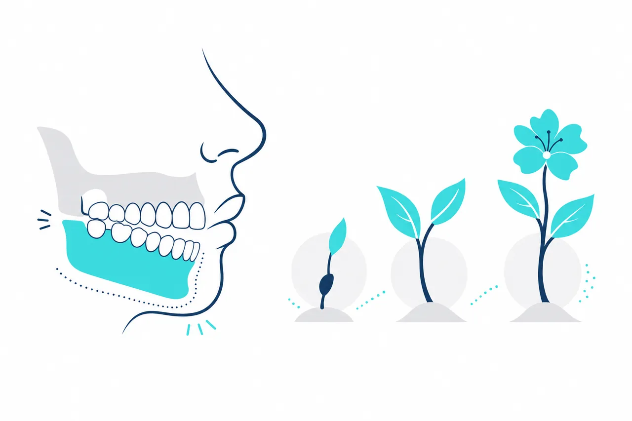 Perfil com mandíbula instável ao lado de uma planta em três fases de crescimento, representando o atraso motor de fala como atraso na maturação