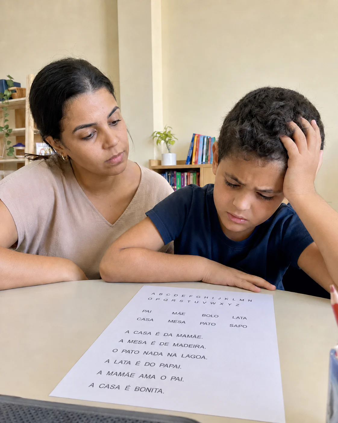Criança em idade escolar diante de uma folha de letras, com uma profissional ao lado, sem conseguir avançar na leitura