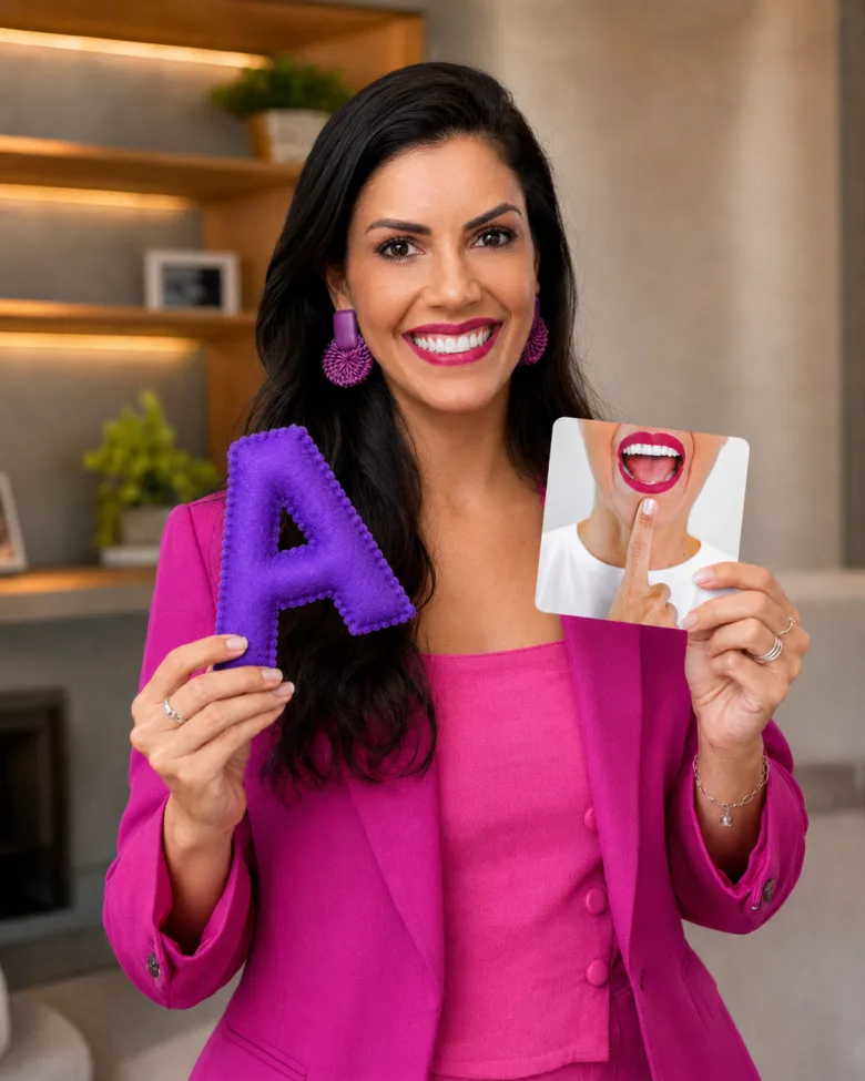 Letícia Silva, fonoaudióloga e criadora do Método MultiGestos® Letícia, segurando a letra A e um card com a imagem fonoarticulatória de uma vogal
