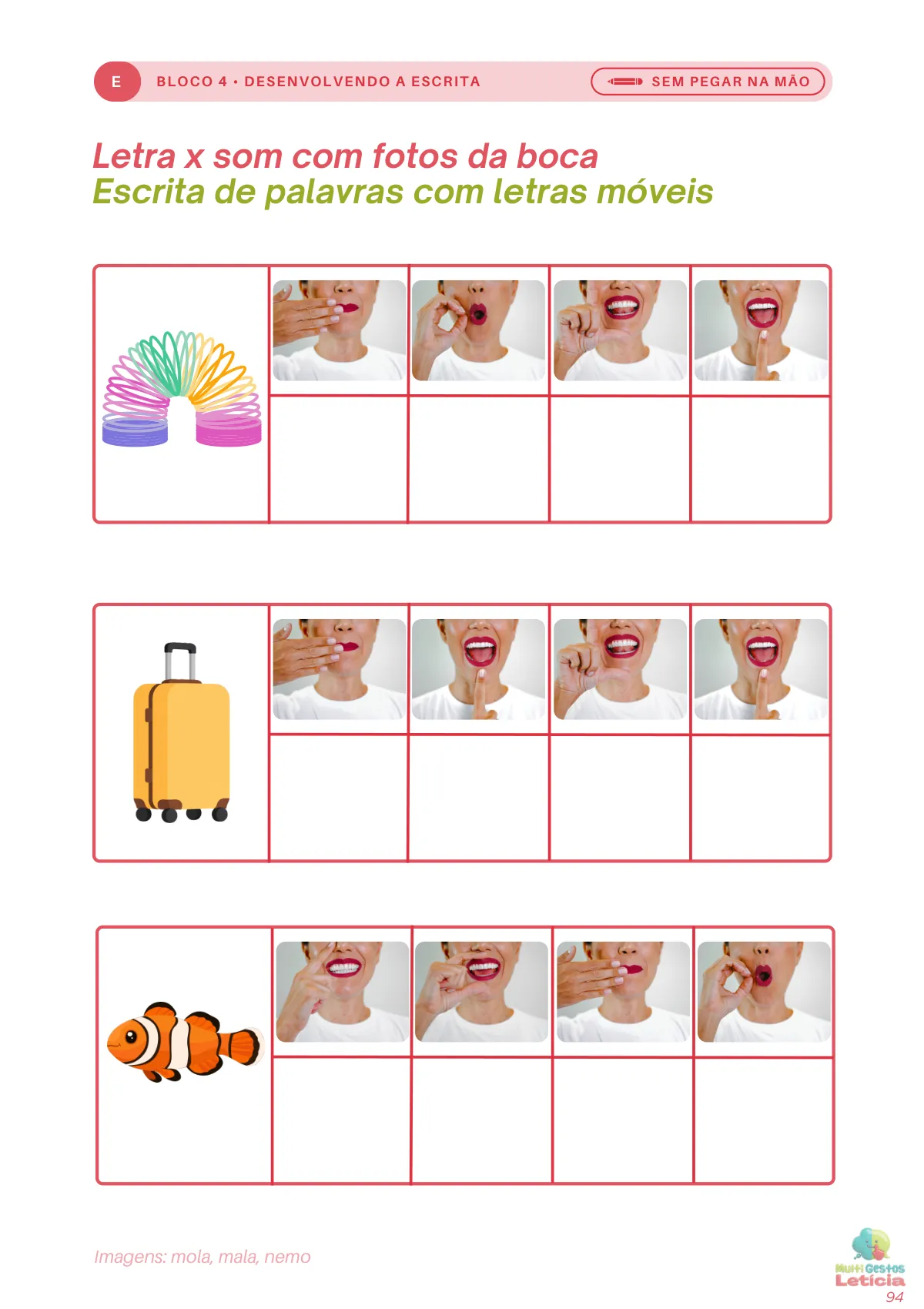 Página de escrita com letras móveis do Caderno Nível 2