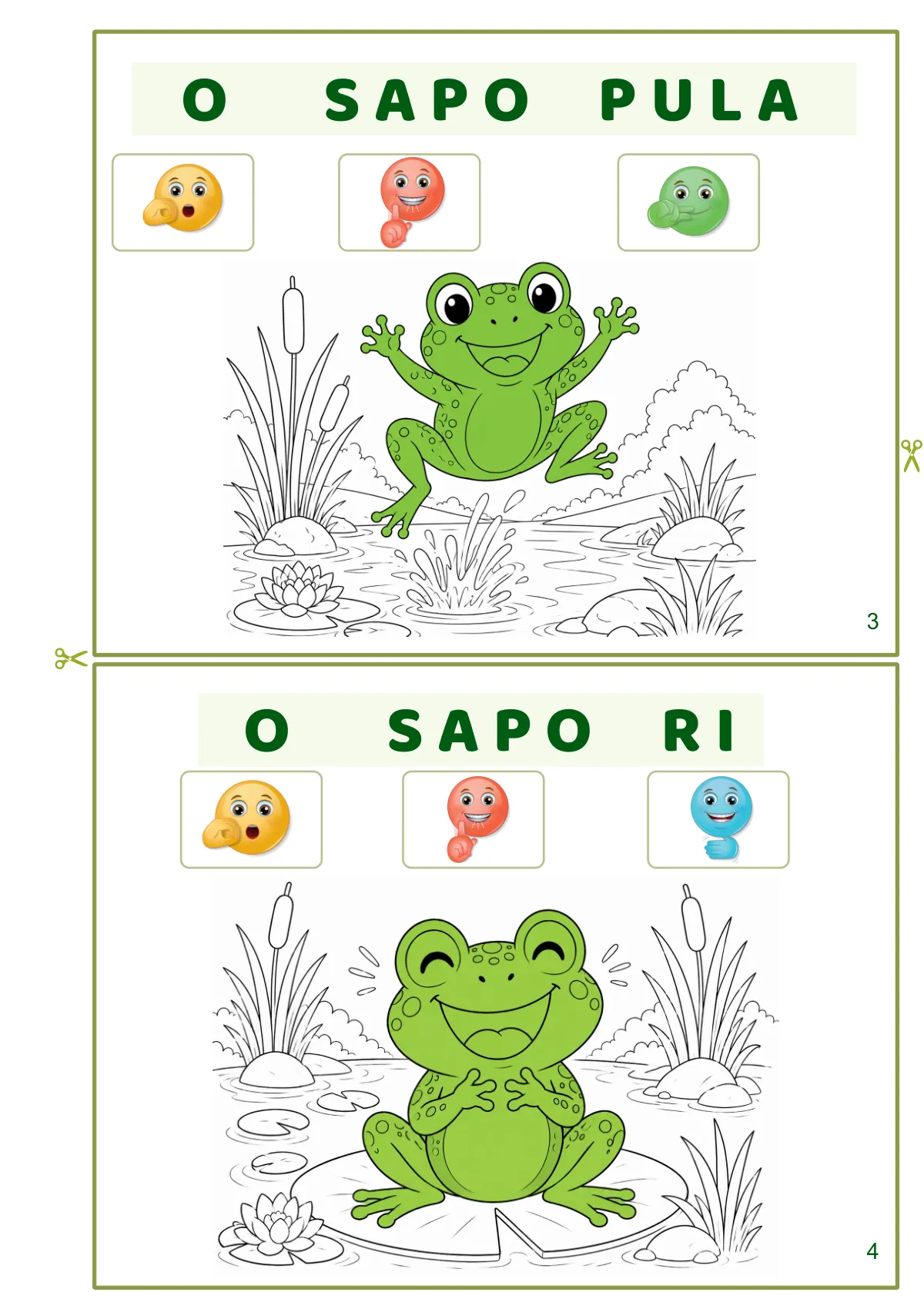 Páginas do livrinho do Caderno Nível 2 para recortar e grampear: O SAPO PULA e O SAPO RI, com smile no primeiro som de cada palavra