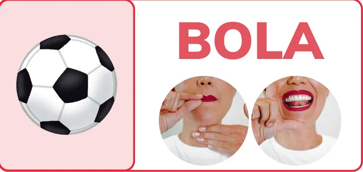 Card bola, dissílabo não duplicado, com a imagem, a palavra escrita e os gestos de cada sílaba