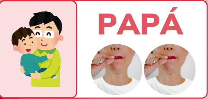 Card PAPÁ do material, com a imagem de um pai com a criança no colo e os gestos de cada sílaba