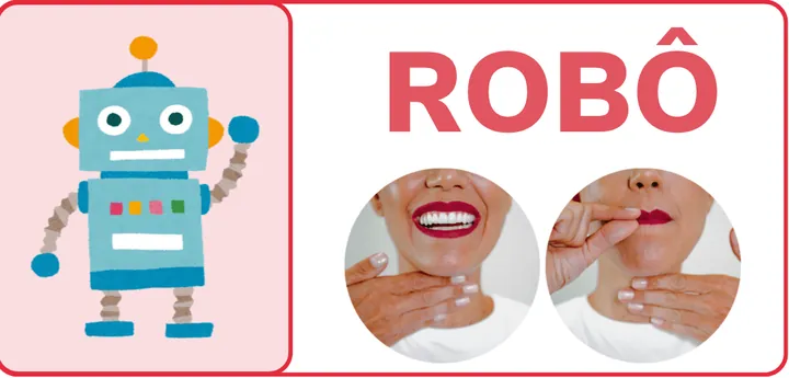 Card ROBÔ do material, com a imagem de um robô e os gestos de boca e mão de cada sílaba