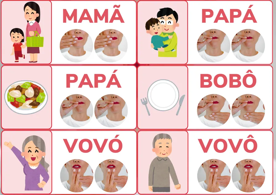 Folha A4 do PDF com seis cards de dissílabos duplicados: mamã, papá, bobô, vovó e vovô