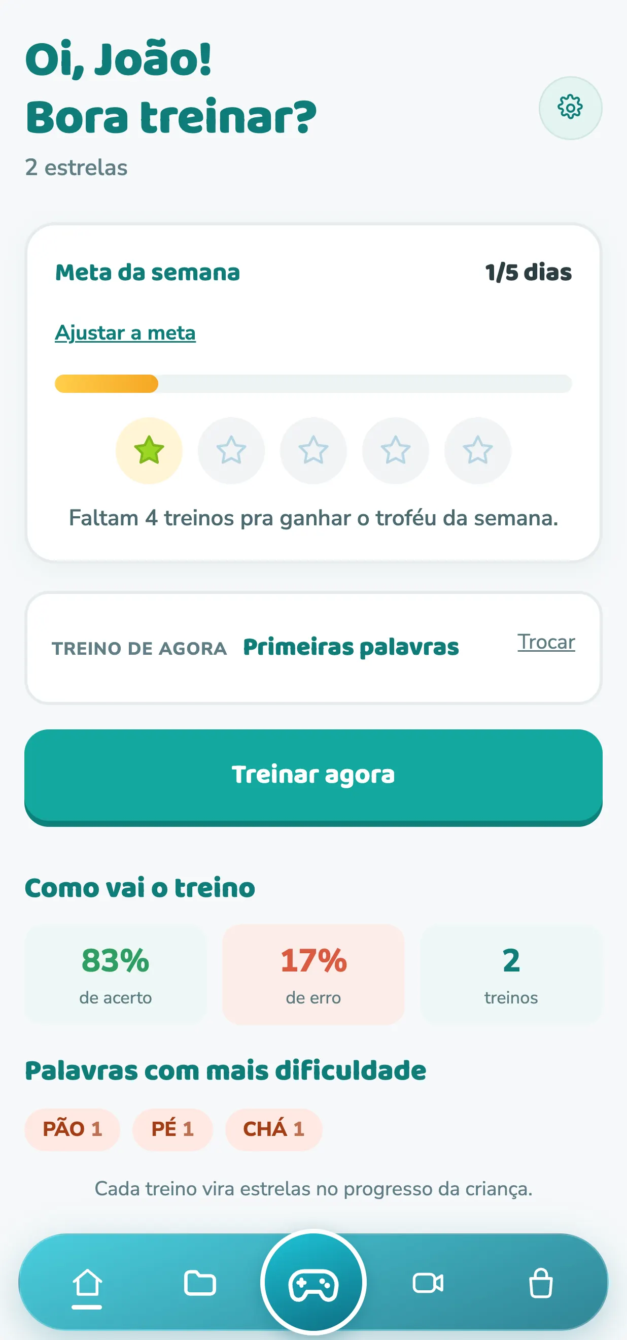 Tela real do app: a casa da criança com a meta da semana e o botão de treinar