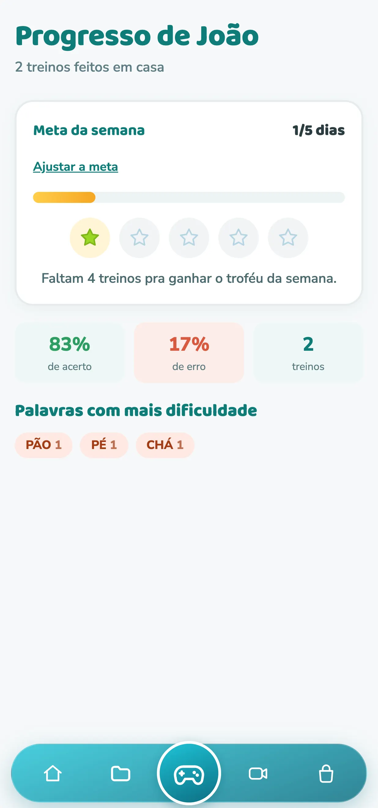 Tela real do app: progresso da criança, estrelas e meta da semana