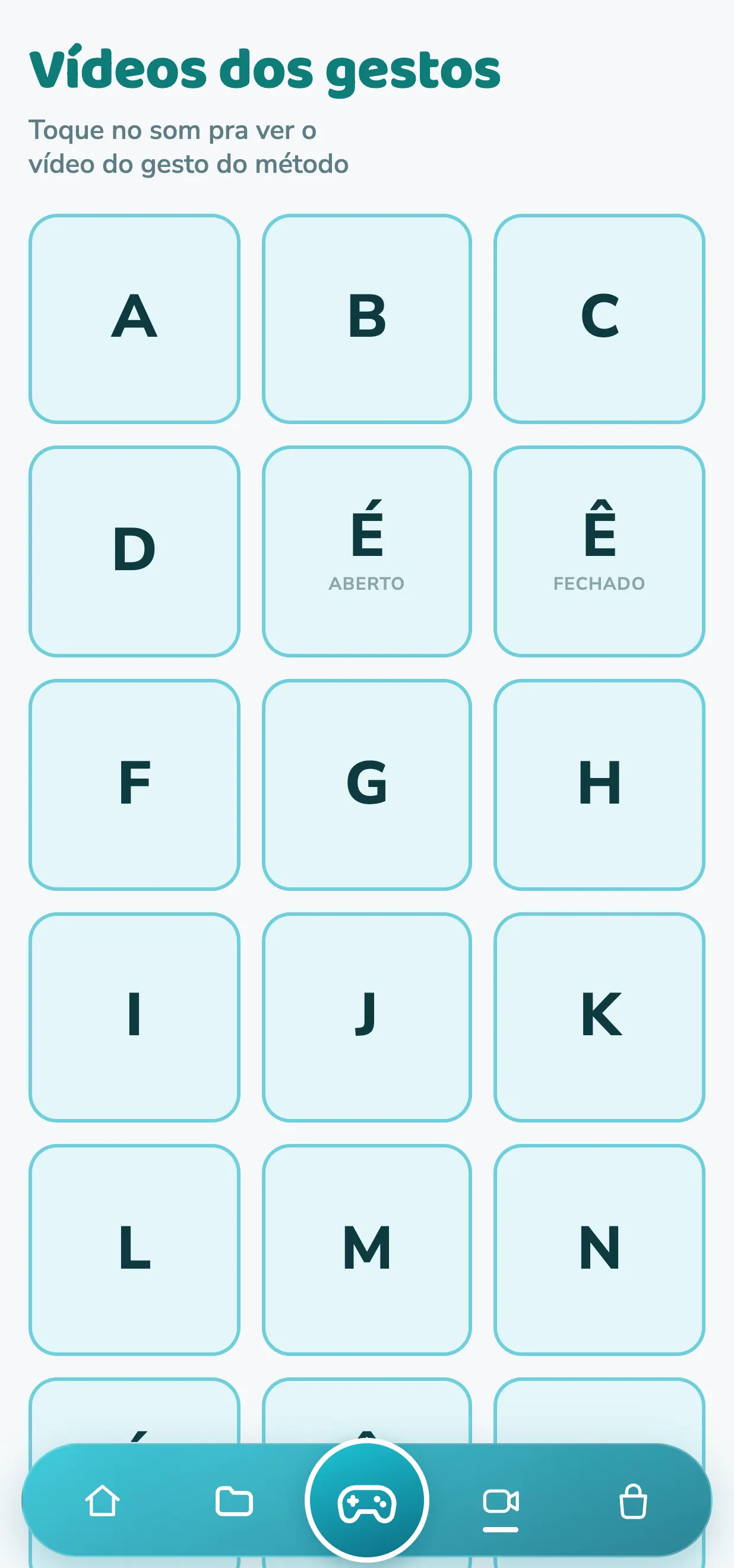 Tela real do app: vídeos dos gestos de cada som