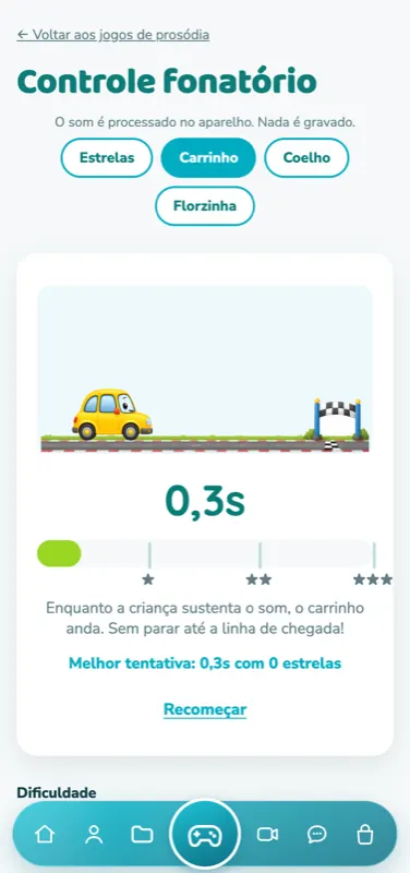 Tela real do app: controle fonatório com cronômetro