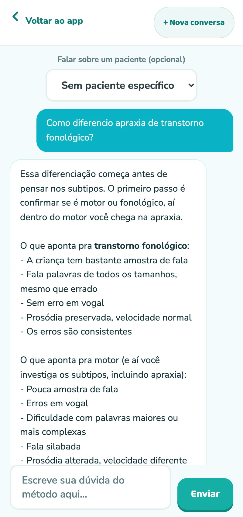 Tela real da LeticIA respondendo que não substitui o raciocínio clínico do fono