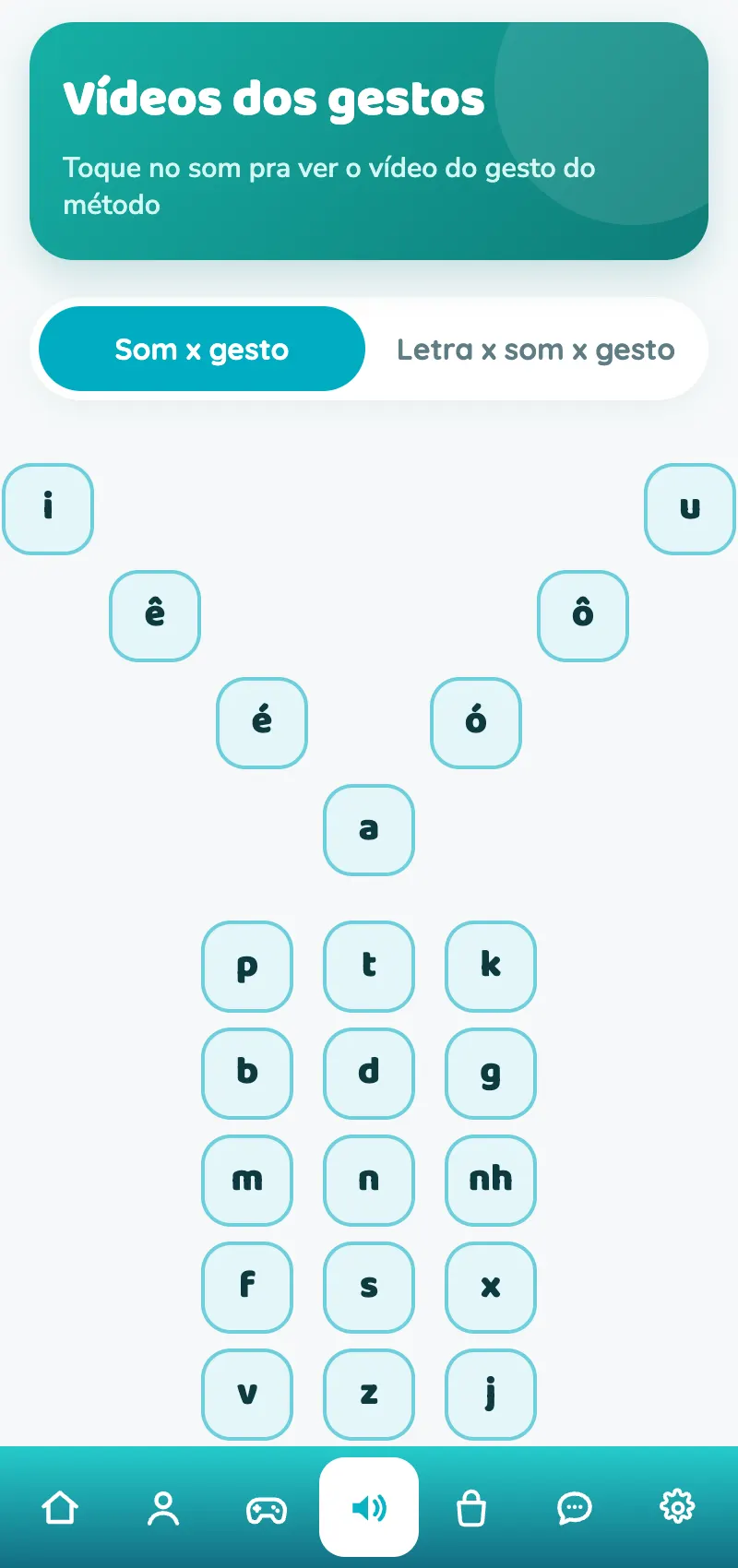 Tela real do app: vídeos dos gestos