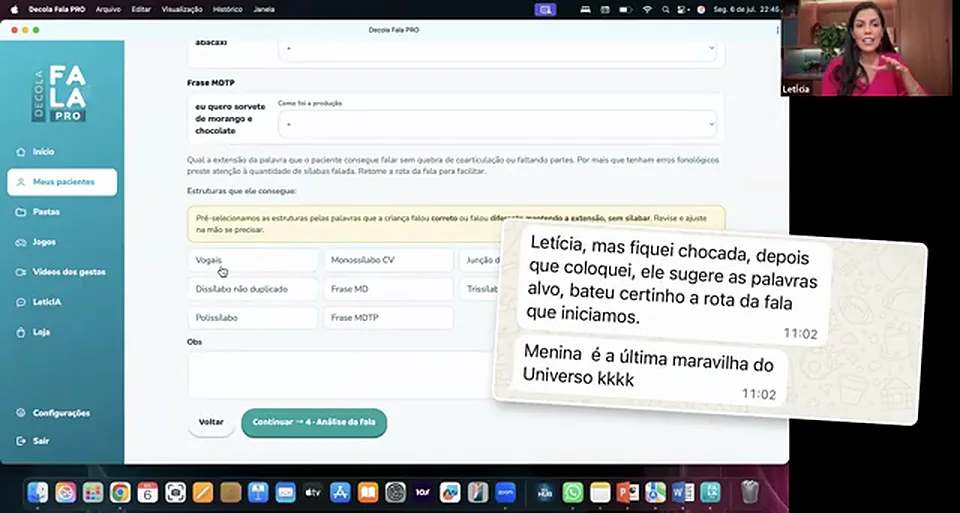 Trecho da aula do app Decola Fala PRO: rota da fala com depoimento de fonoaudióloga