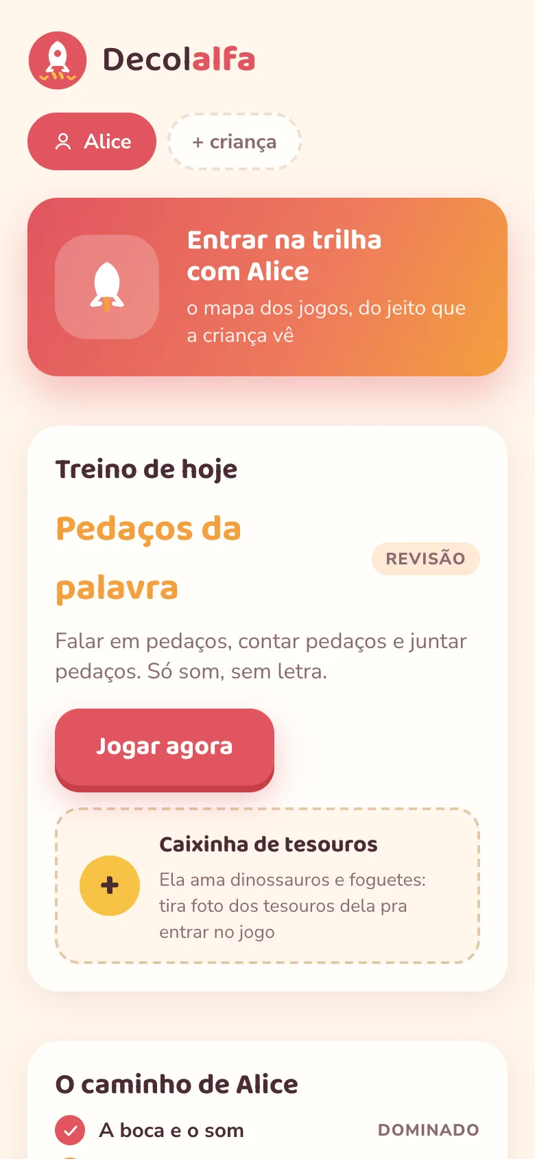 Tela real do app: o treino de hoje e a caixinha de tesouros