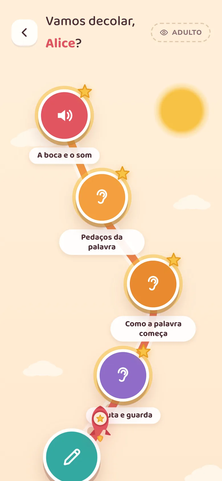 Tela real do app: a trilha de jogos com as paradas conquistadas e o foguete