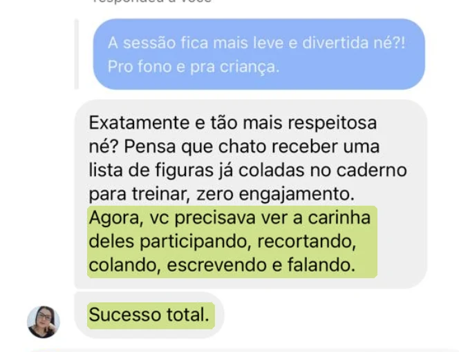 Fonoaudióloga conta que receber uma lista de figuras já coladas gera zero engajamento, e que agora as crianças participam recortando, colando, escrevendo e falando