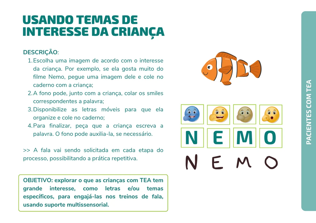 Página do guia com a atividade Usando Temas de Interesse da Criança, com descrição passo a passo e objetivo clínico