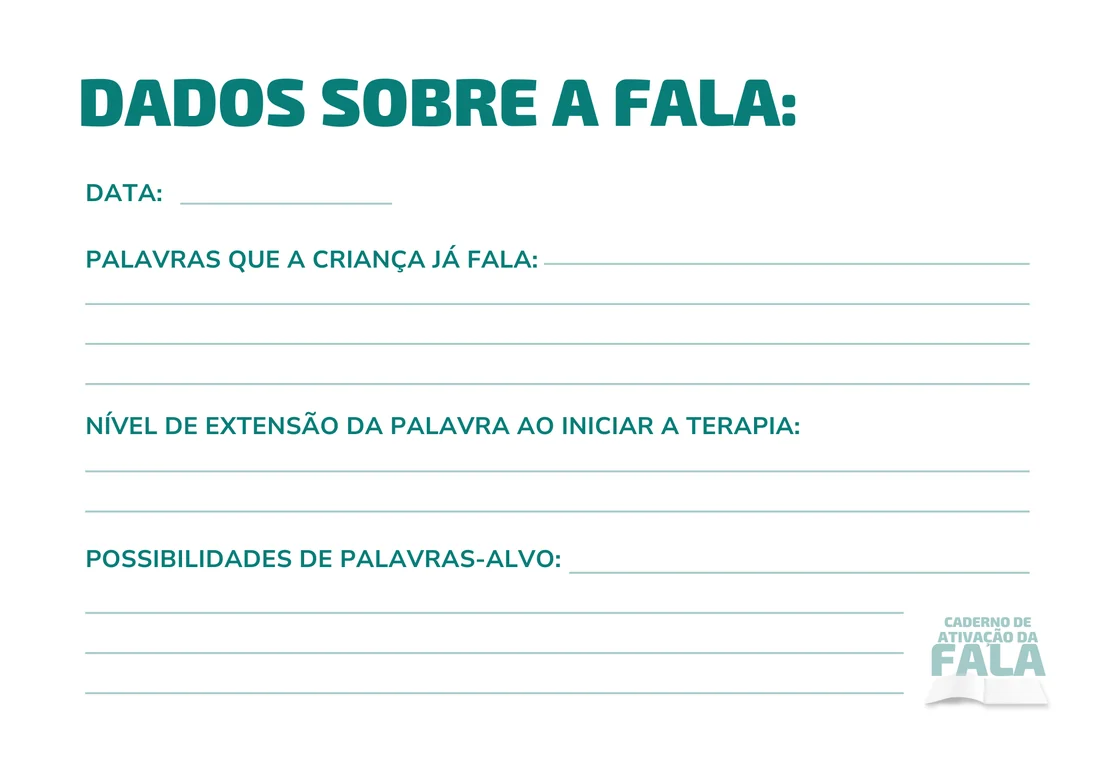 Página do caderno para registrar as palavras que a criança já fala, o nível de extensão da palavra e as possibilidades de palavras-alvo