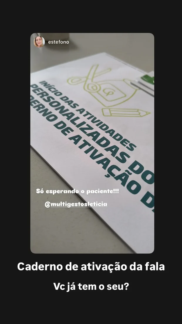 Story de fonoaudióloga mostrando as atividades personalizadas do caderno de ativação da fala impressas e prontas para o atendimento