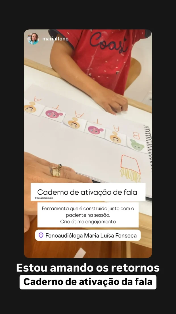 Story de fonoaudióloga mostrando o caderno de ativação da fala montado com o paciente durante a sessão